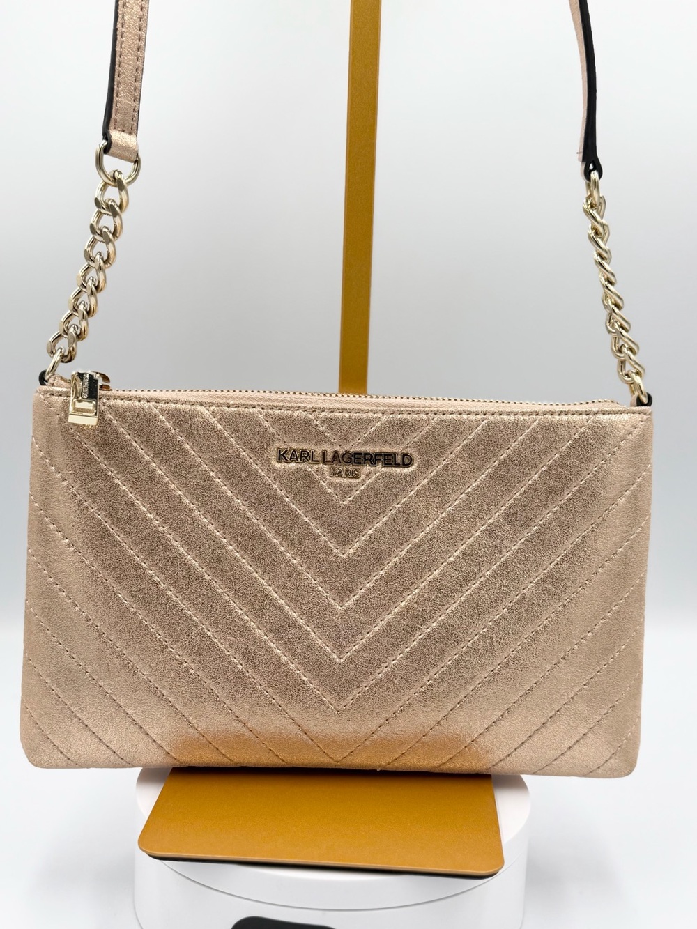 Karl Lagerfeld Metallic Rose Gold Quilted Crossbody Bag Nwot - Picture 6 of 9